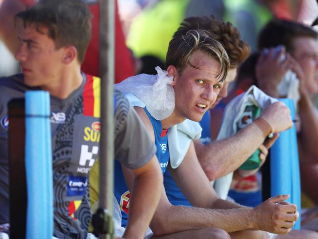 Jack Lukosius of the Suns takes a break during the 2019 JLT Community Series AFL match between the Sydney Swans and the Gold Coast Suns at Oakes Oval on March 10, 2019 in Lismore, Australia. (Photo by Matt King/Getty Images)