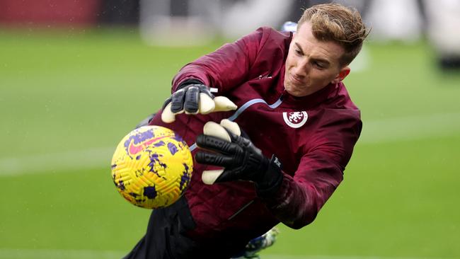 BIRMINGHAM, ENGLAND - FEBRUARY 11: Joe Gauci of Aston Villa warms up prior to the Premier League match between Aston Villa and Manchester United at Villa Park on February 11, 2024 in Birmingham, England. (Photo by Catherine Ivill/Getty Images)