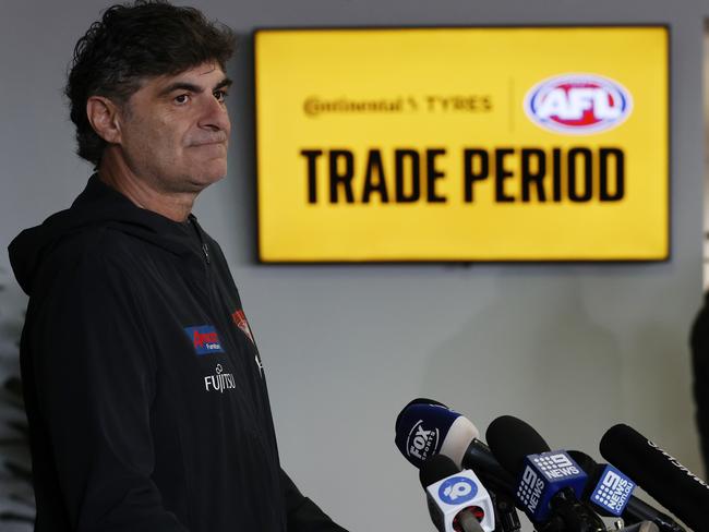 MELBOURNE , AUSTRALIA. October 9 , 2023. AFL Trade Period.  Adrian Dodoro, General Manager - List & Recruiting of the Bombers speaks with media during The 2023 AFL Trade Period at Marvel Stadium on October 09 , 2023 in Melbourne, Australia.   .Picture by Michael Klein
