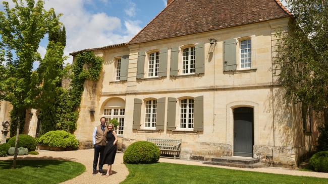 Edouard and wife Kelley Moueix pictured at their estate in Saint-Émilion. Picture: Holly Gibson