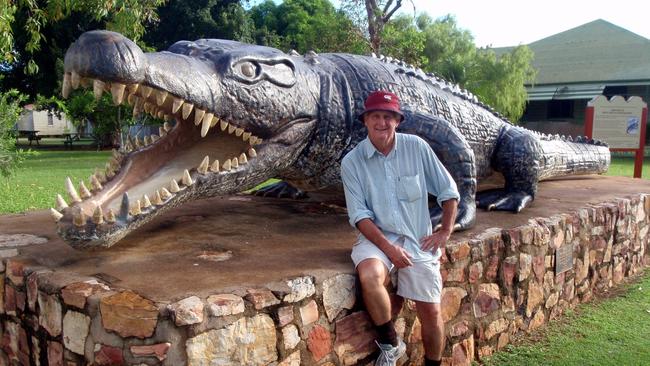 The Normanton replica of crocodile "Krys the Savannah King", the biggest crocodile ever shot back in 1957, by crocodile hunter Krystina Pawlowski on the McArthur Banks of the Norman River. Journalist John Andersen is pictured to show size of the animal.