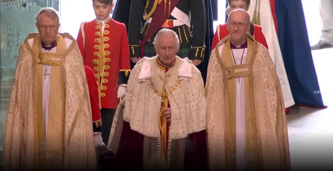 King Charles enters Westminster Abbey ahead of his coronation. Picture: Sky News