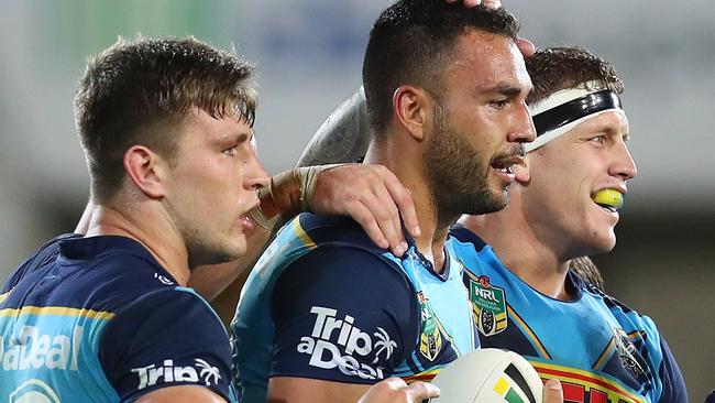 Jai Arrow (left) and Ryan James (centre) have staged a thrilling race for the Paul Broughton Medal, the Titans’ top award. Photo: Getty Images