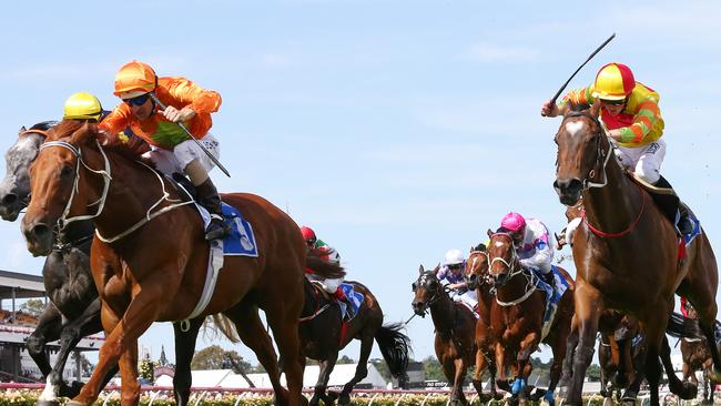 Emirates Stakes Day at Flemington racecourse. 8th November 2014, Melbourne Australia. Race 7 Darley Classic (Group 1) ridden over 1200 meters. Winner no 9 Terravista ridden by Hugh Bowman, 2nd no 10 Chautauqua ridden by Dwayne Dunn, 3rd no 1 Buffering ridden by Damian Browne. Picture: George Salpigtidis