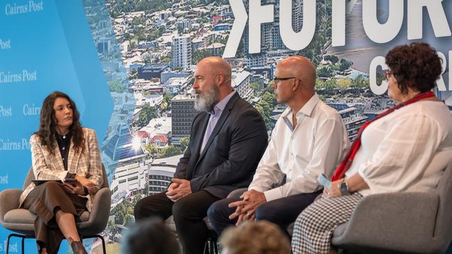 Cairns Post editor Tyla Harrington on a panel with NORSTA maritime general manager Colin Ford, Cairns Airport CEO Richard Barker and NORSTA education and community adviser Joann Pyne at the Future Cairns event on Friday. Picture Emily Barker.