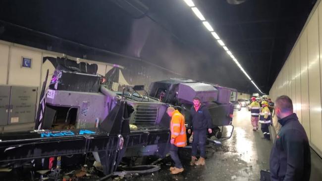 The M5 East tunnel was initially closed in both directions after a crane crashed inside. Picture: 9News