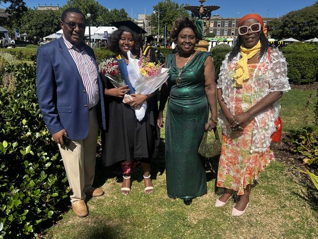 Joseph Kamau, Linda Kamau (Master of Information Technology) Esther Kamau, Anne Ugi at the University of Melbourne graduations held at the Royal Exhibition Building on Friday, December 13, 2024. Picture: Jack Colantuono