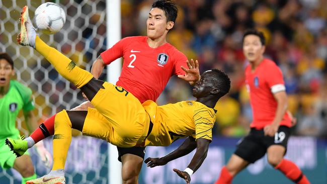 Awer Mabil peforms a bicycle kick for the Socceroos against South Korea in November. Picture: AAP 