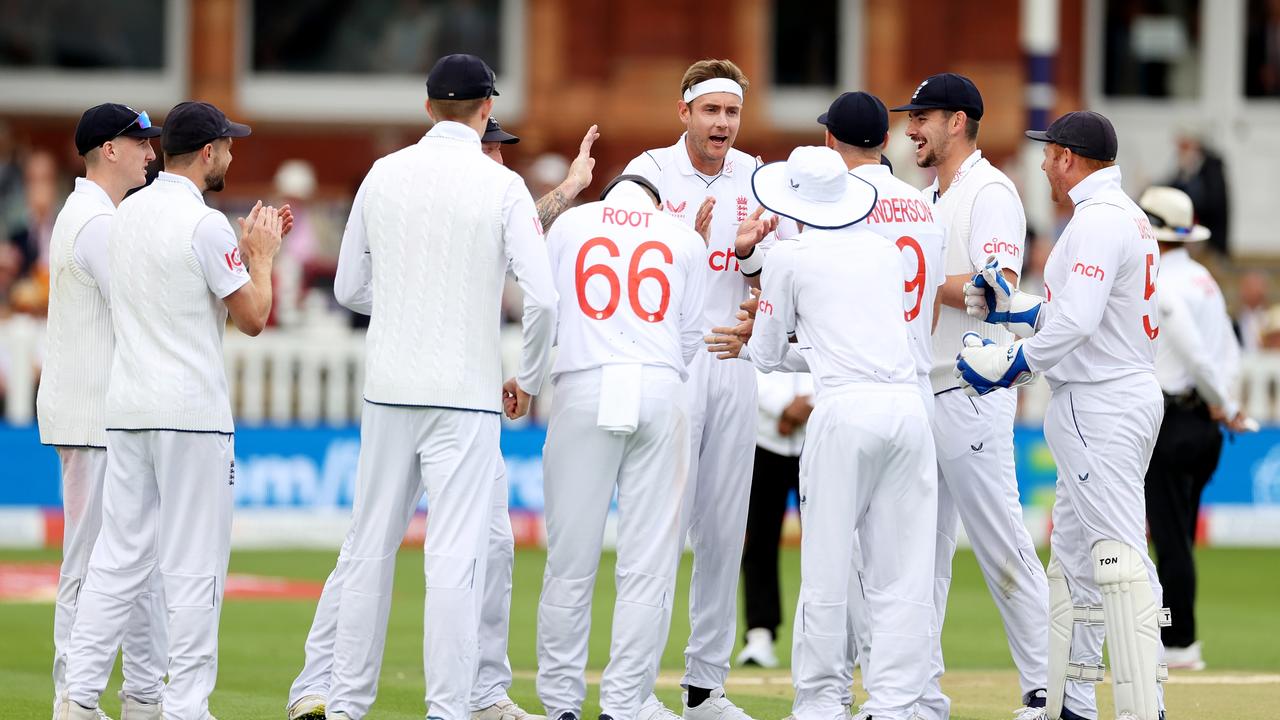 Stuart Broad celebrates the wicket of Alex Carey early on day two. Picture: Getty