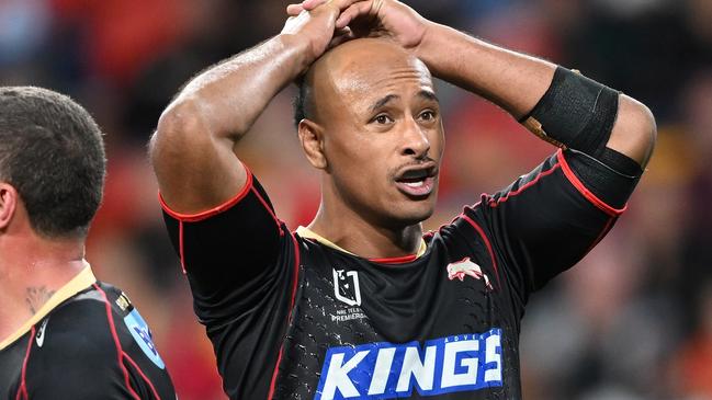 BRISBANE, AUSTRALIA - JULY 28: Felise Kaufusi of the Dolphins looks dejected during the round 21 NRL match between Dolphins and Gold Coast Titans at Suncorp Stadium, on July 28, 2024, in Brisbane, Australia. (Photo by Matt Roberts/Getty Images)