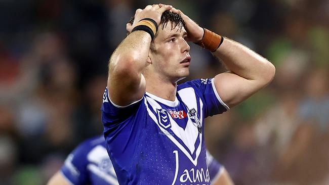 Harrison Edwards of the Bulldogs reacts at full time during the round 25 NRL match between Canberra Raiders and Canterbury Bulldogs at GIO Stadium on August 20, 2023 in Canberra, Australia. (Photo by Jeremy Ng/Getty Images)