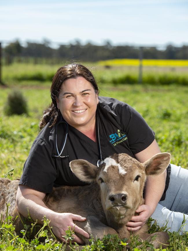 Fiona Caine with a calf near her Boort practice. Picture: Zoe Phillips