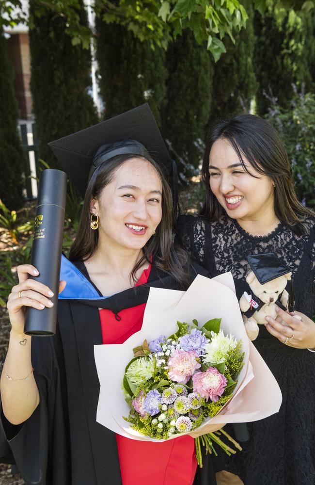 Bachelor of Nursing graduate Manisha Gurung with Nisha KC at a UniSQ graduation ceremony at Empire Theatres, Tuesday, October 31, 2023. Picture: Kevin Farmer