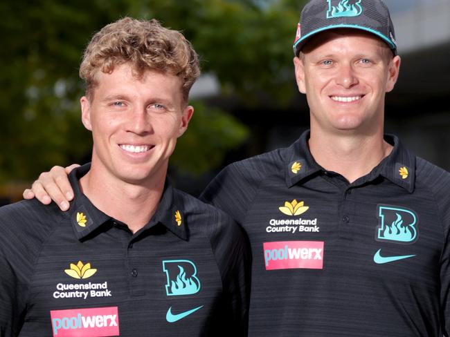 L to R, Nathan McSweeney and Matt Kuhnemann, Queensland Cricketers selected in squad for Sri Lanka, Domestic Airport Brisbane - on Thursday 9th January 2025 - Photo Steve Pohlner