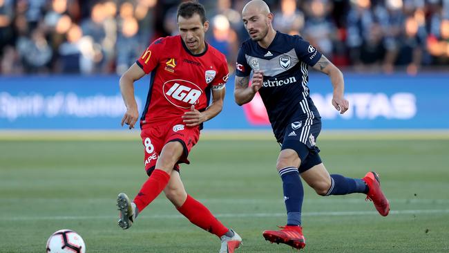 Isaias’ outstanding form for Adelaide United has pushed his case for a maiden Socceroos call-up. Picture: James Elsby/Getty Images