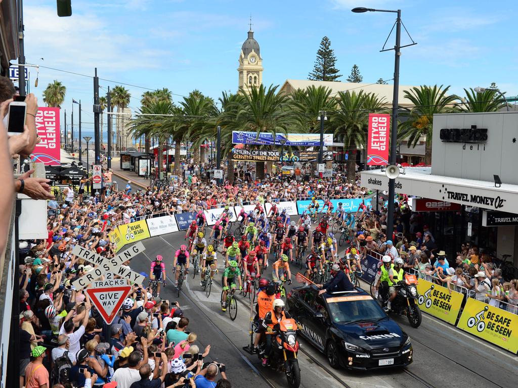 Fans turn out in force to farewell Tour Down Under riders as they head off from Glenelg for Stage 3 of the 2016 event. Picture: Tricia Watkinson