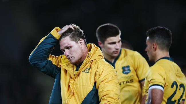 AUCKLAND, NEW ZEALAND - AUGUST 25: Michael Hooper of the Wallabies reacts after losing The Rugby Championship game between the New Zealand All Blacks and the Australia Wallabies at Eden Park on August 25, 2018 in Auckland, New Zealand.  (Photo by Anthony Au-Yeung/Getty Images)