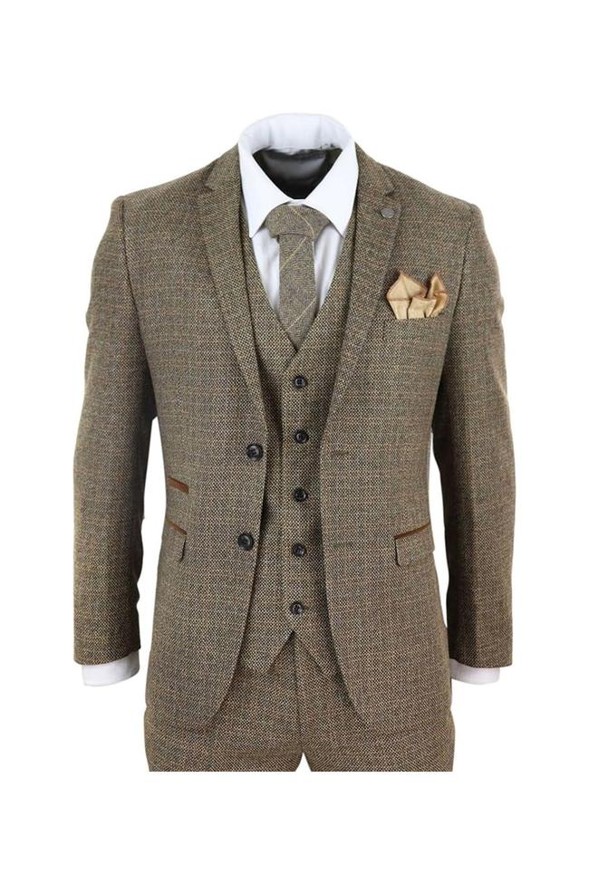SHOP NOW: Paul Andrew mens 3 piece tweed check suit, $414.68 from Amazon