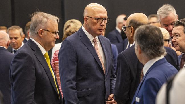 Albanese and Opposition Leader Peter Dutton attend a Holocaust Memorial in Yokine in Perth on Monday. Picture: Pool/NewsWire