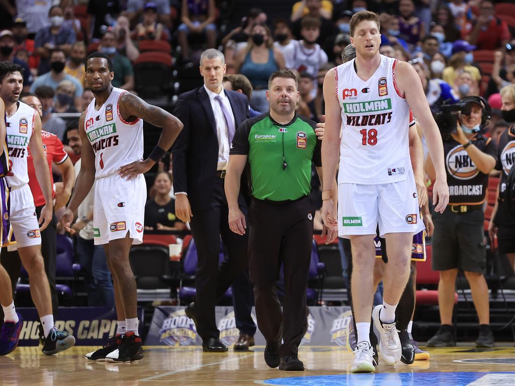 Matt Hodgson of the Wildcats is escorted away after a brawl during the round nine NBL match between Sydney Kings and Perth Wildcats. Picture: Getty Images