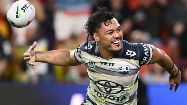 Jeremiah Nanai of the Cowboys celebrates after scoring a try during the round nine NRL match between the New Zealand Warriors and North Queensland Cowboys at Suncorp Stadium on May 03, 2025, in Brisbane, Australia. (Photo by Hannah Peters/Getty Images)