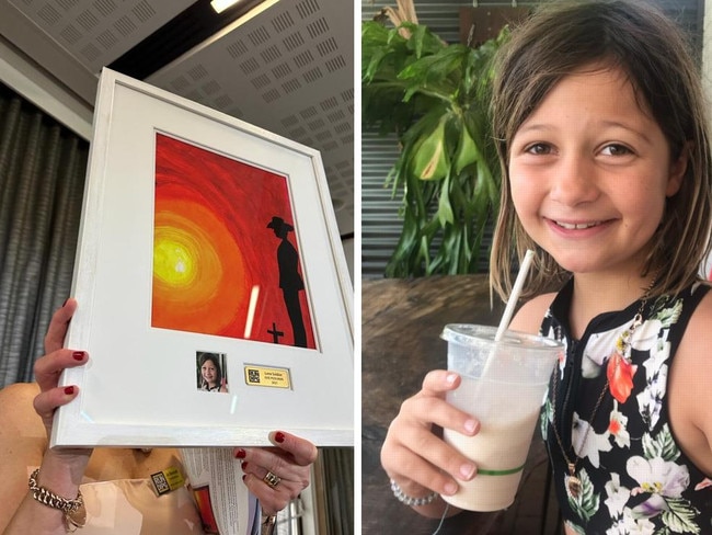 Evie Poolman and her artwork that sold doe $100,000 at a charity auction. Picture: Supplied