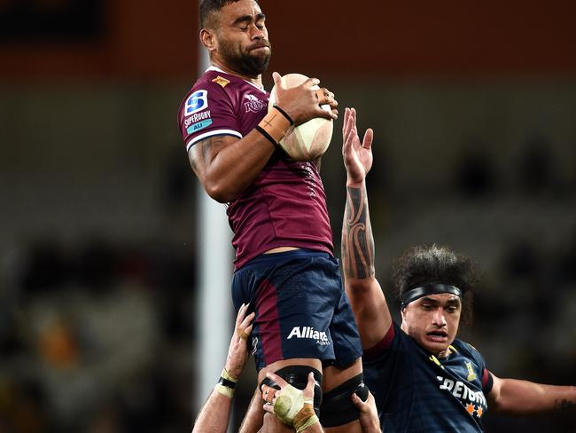 DUNEDIN, NEW ZEALAND - MAY 14: Lukhan Salakaia-Loto of the Reds collects the ball from a lineout during the round one Super Rugby Trans-Tasman match between the Highlanders and the Queensland Reds at Forsyth Barr Stadium on May 14, 2021 in Dunedin, New Zealand. (Photo by Joe Allison/Getty Images)