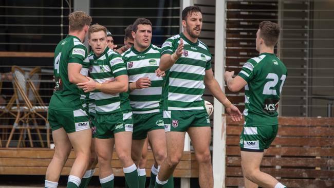 Time to celebrate a Diggers try during the 2021 Chairman's Challenge tournament at Acacia Ridge. Picture: Bruce Clayton