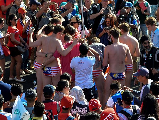 The Aussie spectators were reportedly being investigated for “intentional insult with intent to provoke a breach of the peace” and public indecency, state news agency Bernama quoted police as saying. Picture: AFP