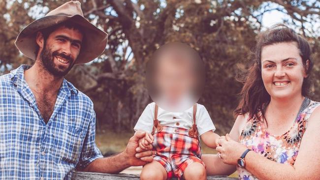 Hue Mills (L) with his wife Jactina and their young child. A young man has died after events at a New Year’s Eve rodeo event in the Queensland went terribly wrong. Picture: Facebook