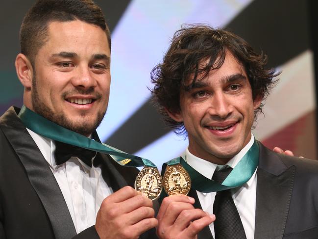 Jarryd Hayne and Johnathan Thurston joint winners of the the 2014 Dally M Award held at The Star in Pyrmont. Picture: Richard Dobson