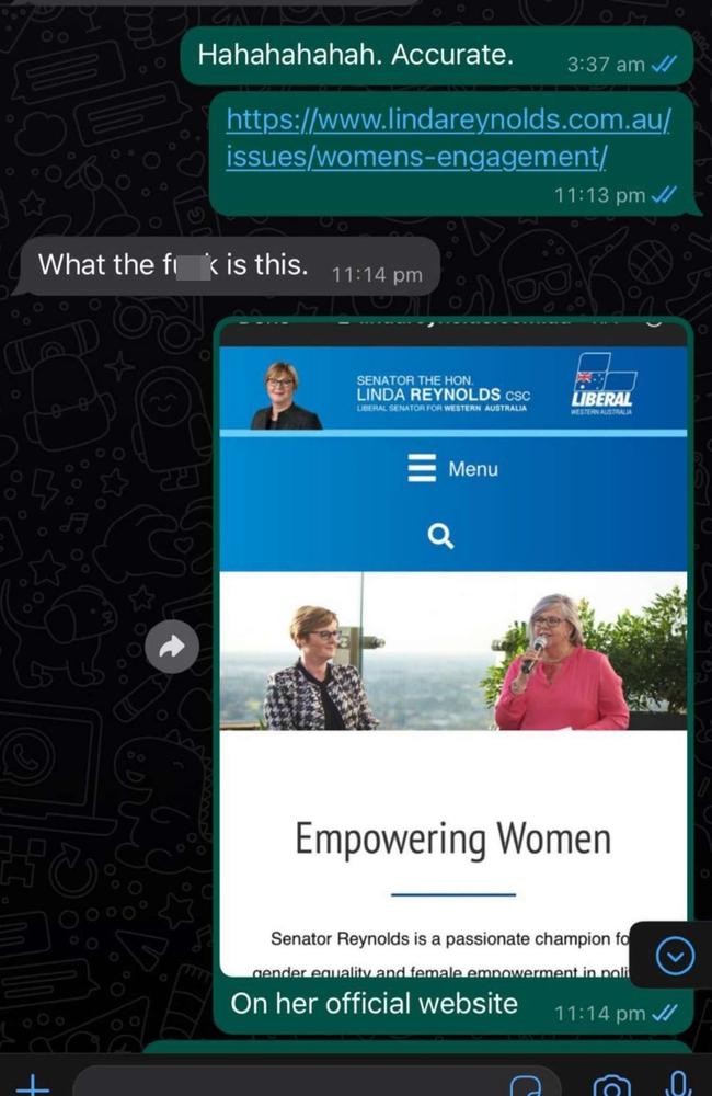 David Sharaz shares a text message with Brittany Higgins mocking Senator Linda Reynolds’ website. Picture: Supplied by WA Supreme Court.