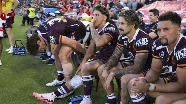 Reece Walsh spent the second half as a spectator with his calf on ice. Picture NRL Photos