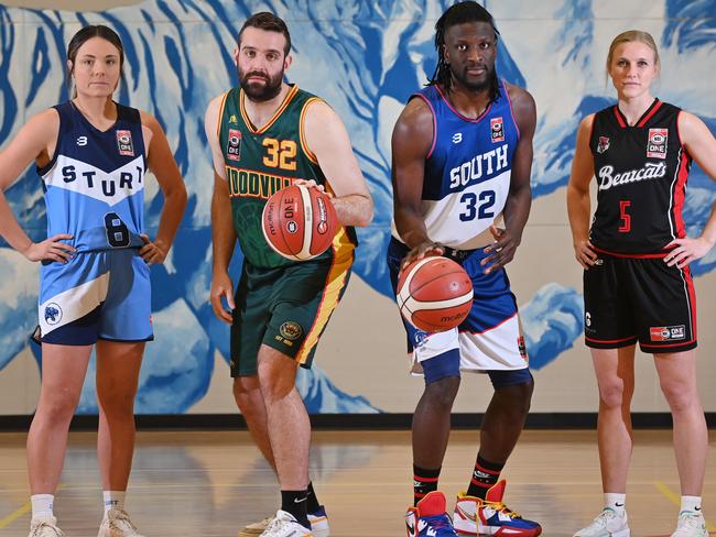 31/8/22. Basketball Captains Lauren Gibbons (Sturt), Alex Maiorana (Woodville), Alex Starling (South) and Sky Langenbrinck (West Adelaide) will play off in the men's and women's NBL1 Central Grand Finals on Saturday.Picture: Keryn Stevens