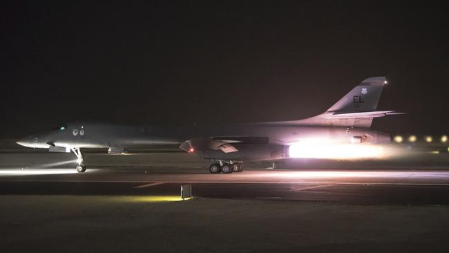 A US military photo of a B-1B Lancer aircraft departing from Al Udeid Air Base, Qatar, on the mission.