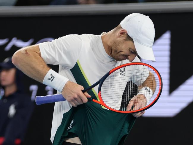 MELBOURNE, AUSTRALIA - JANUARY 19:  Andy Murray of Great Britain shows his frustration in their round two singles match against Thanasi Kokkinakis of Australia during day four of the 2023 Australian Open at Melbourne Park on January 19, 2023 in Melbourne, Australia. (Photo by Clive Brunskill/Getty Images)