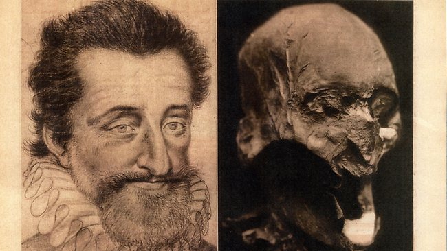 A portrait of French King Henry IV and the 400-year-old mummified skull that was thought to belong to the beloved king. New DNA tests found a mismatch between the skull and living relatives of the king. Picture: AP