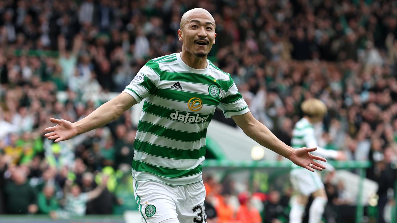 GLASGOW, SCOTLAND – MAY 07: Daizen Maeda of Celtic celebrates after scoring their team's first goal during the Cinch Scottish Premiership match between Celtic and Heart of Midlothian at Celtic Park on May 07, 2022 in Glasgow, Scotland. (Photo by Ian MacNicol/Getty Images)