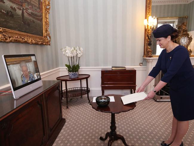 Queen Elizabeth was seen smiling for the first time since her husband’s hospitalisation. Picture: AFP