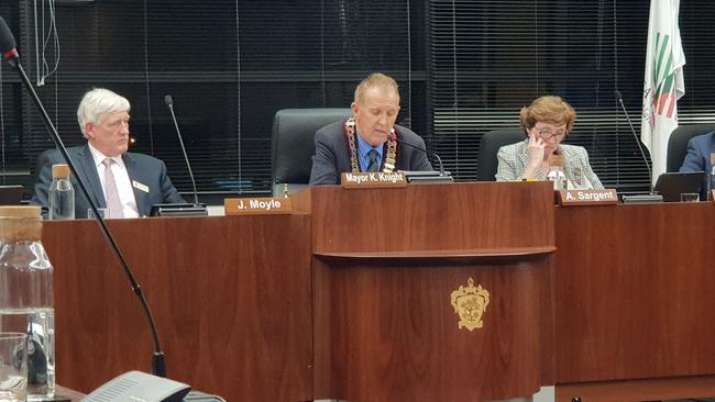 Tea Tree Gully mayor Kevin Knight with chief executive John Moyle at a previous council meeting. Picture: Colin James