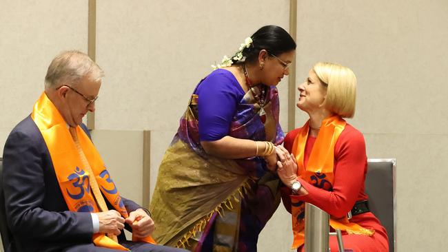 Labor leader Anthony Albanese attends a community dinner with the Hindu Council of Australia, Park Royal Parramatta. Accompanied by Labor’s Kristina Keneally and Parramatta candidate Andrew Charlton. Picture: Liam Kidston