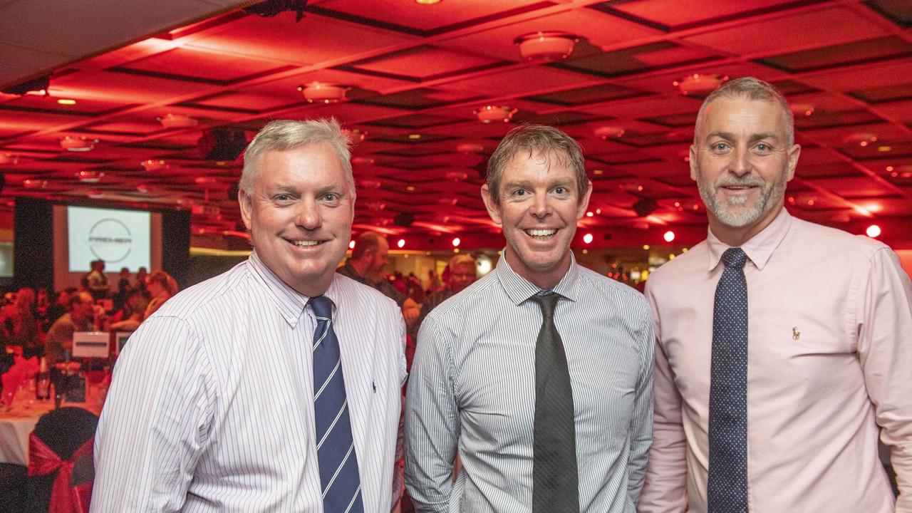 (from left) The East State School team of Mark Ryle, Steve Boundy and Richard Gibson (Principal). Sports Darling Downs Sports Stars of the Year dinner. Saturday, February 11, 2023. Picture: Nev Madsen.