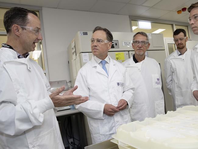 Brisbane AUSTRALIA - NewsWire Photos November 13, 2020: Federal Health Minister Greg Hunt MP (second left) speaks with Professor Trent Munro (left) during a visit to the National Biologics Facility at the University of Queensland, St Lucia. The university is in phase 1 of clinical trials for the COVID 19 vaccine. Picture: NCA NewsWire / Sarah Marshall