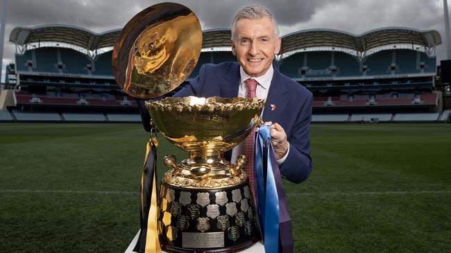 Bruce McAvaney will walk the Thomas Seymour Hill premiership trophy out onto Adelaide Oval on Grand Final Day. Picture: Sarah Reed/SANFL