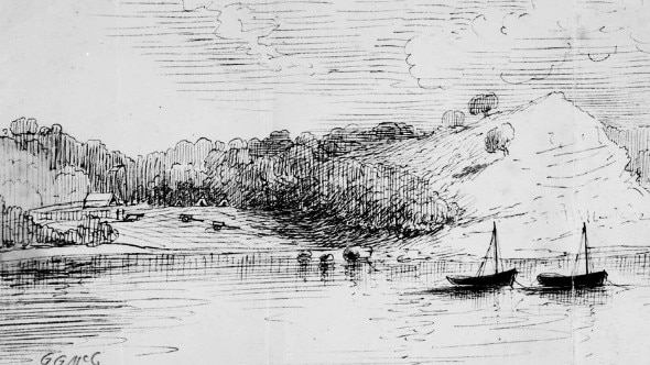 An 1803 sketch showing tents erected at Sullivan Bay.