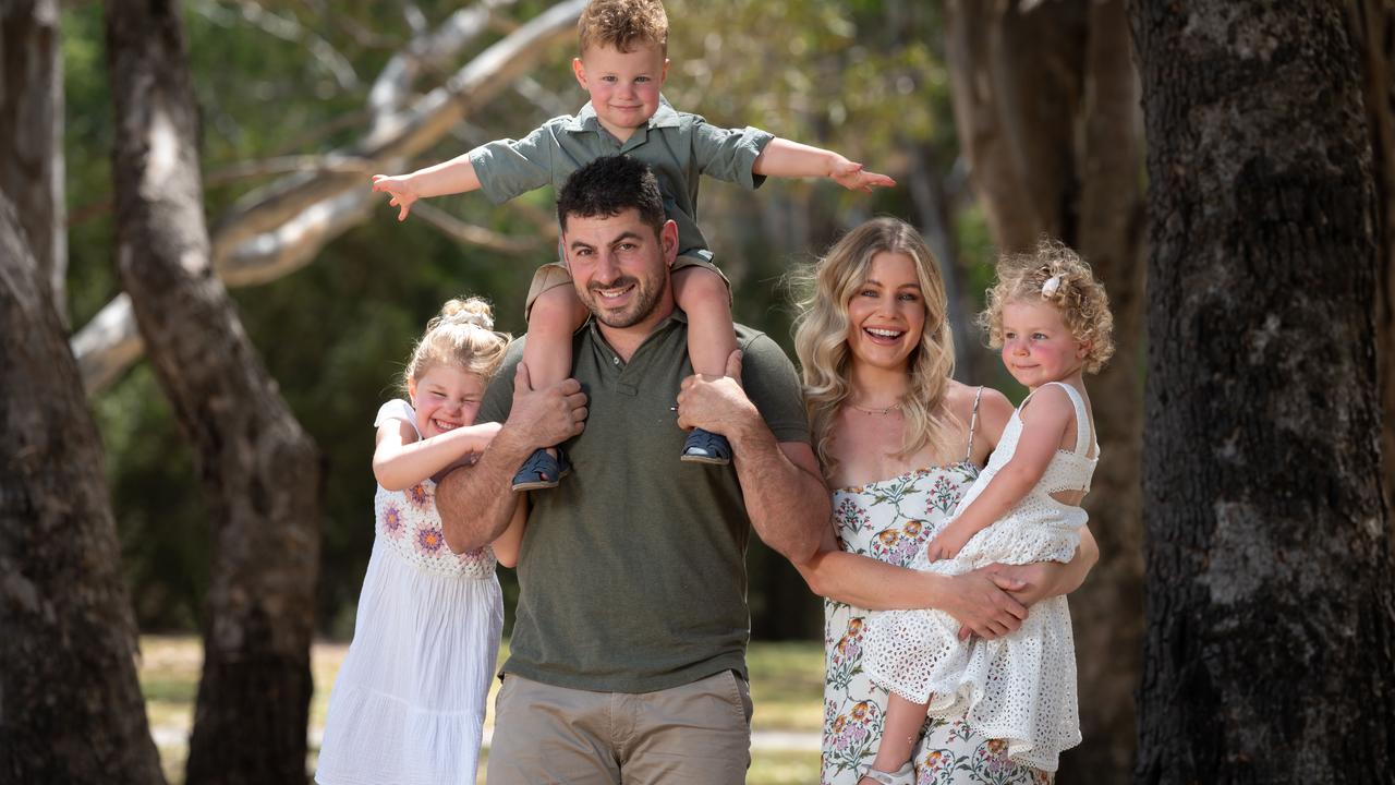 Kristi Centofanti, a mum of three, who uses her Instagram page to show a realistic view of life with kids. She is pictured with her husband, Michael, and kids Celeste, 4, and two-year-old twins Antonio and Giselle (curly hair) in Highbury. Photo: Naomi Jellicoe