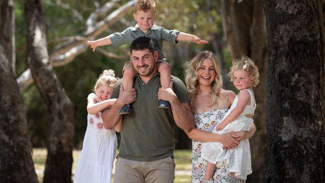 Kristi Centofanti, a mum of three, who uses her Instagram page to show a realistic view of life with kids. She is pictured with her husband, Michael, and kids Celeste, 4, and two-year-old twins Antonio and Giselle (curly hair) in Highbury. Photo: Naomi Jellicoe