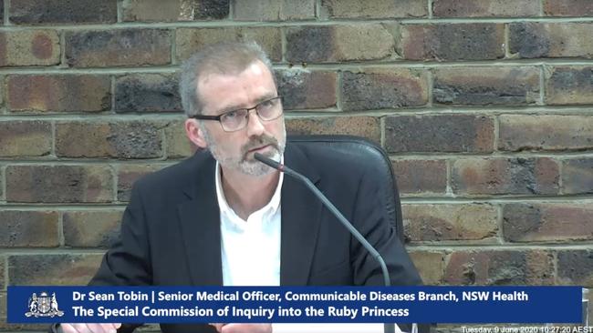 Senior Medical Officer Dr Sean Tobin addresses the Ruby Princess Inquiry. Picture: Supplied.