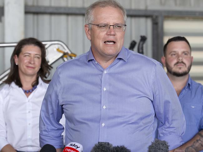 Townsville, AUSTRALIA - NewsWire Photos October 14, 2020:  Prime Minister Scott Morrison speaks to the media at Meridian Helicopters to announce an $11M commitment to the Copperstring project. : NCA NewsWire / Sarah Marshall