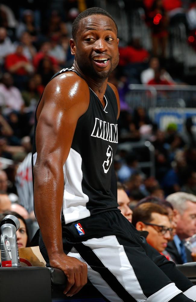 Dwyane Wade of the Miami Heat looks on during the game against the Atlanta Hawks.